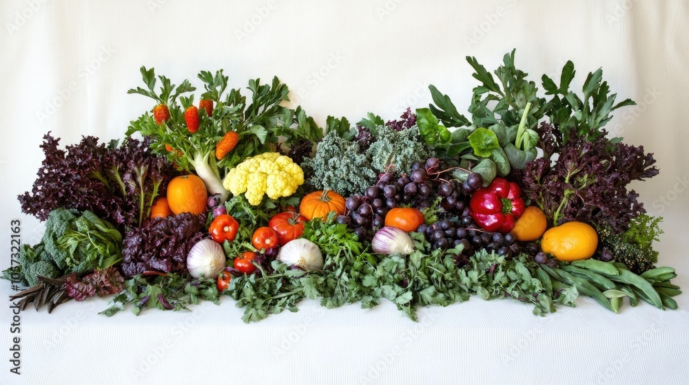Artistic arrangement featuring seasonal vegetables herbs and spices for a healthy food display Artistic arrangement featuring seasonal vegetables herbs and spices for a healthy food display