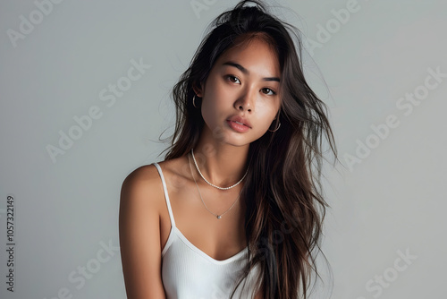 Portrait of Vietnamese girl on gray background