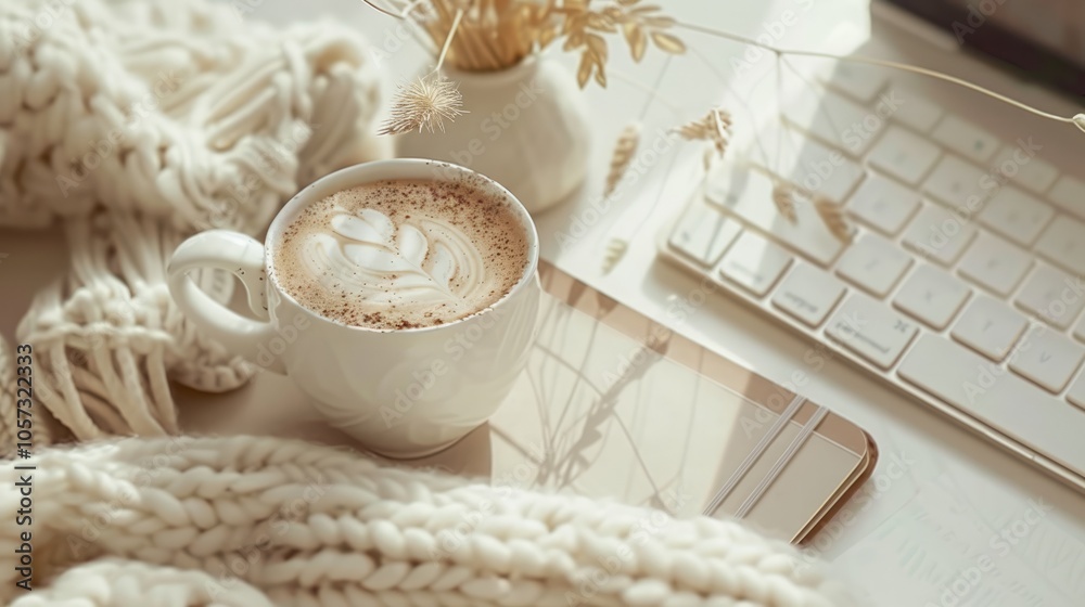 A cup of cappuccino coffee with a white keyboard on the table