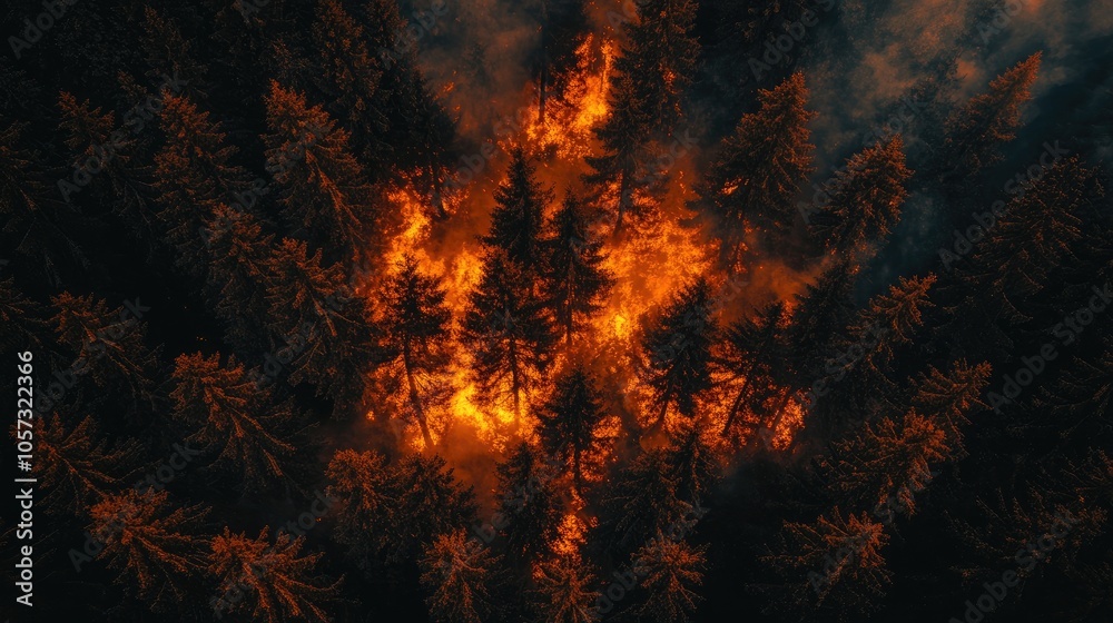 Aerial perspective of a forest engulfed in flames Concept of wildfire climate change and the impact of global warming Aerial perspective of a forest engulfed in flames Concept of wildfire climate change and the impact of global warming