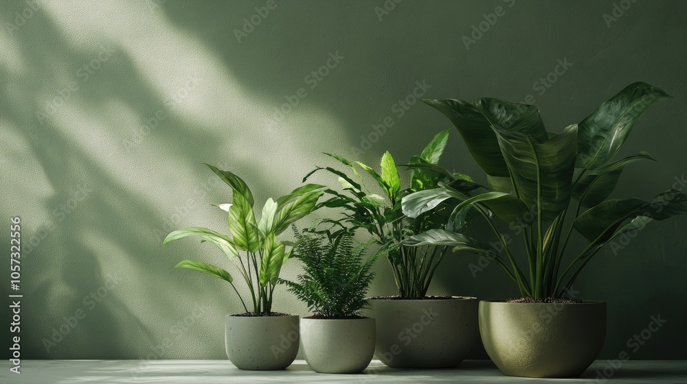 A row of three potted plants featuring varied sizes and shapes is displayed A row of three potted plants featuring varied sizes and shapes is displayed