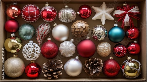 Assortment of diverse Christmas ornaments arranged in a cardboard box