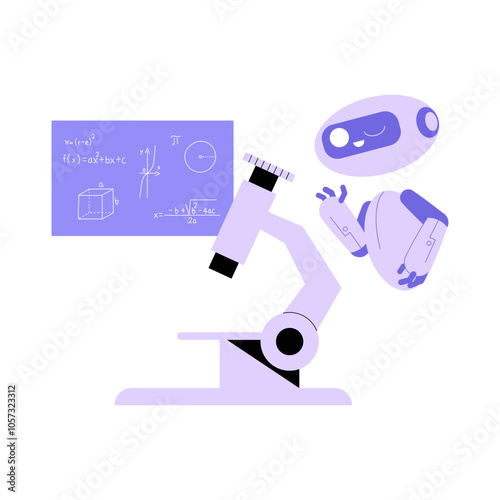 Robot Analyzing Data In Flat Vector Illustration Symbolizing Science, Research, And Technology, Isolated On White Background