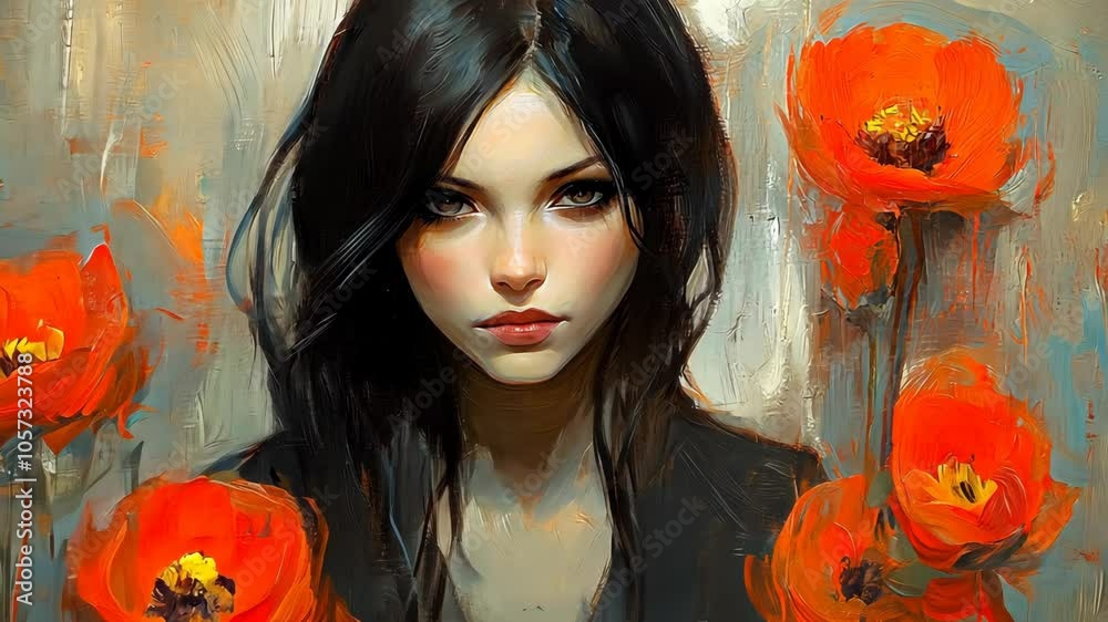 A woman with long black hair looks directly at the viewer with a serious expression, surrounded by large red poppies painted in a stylized fashion