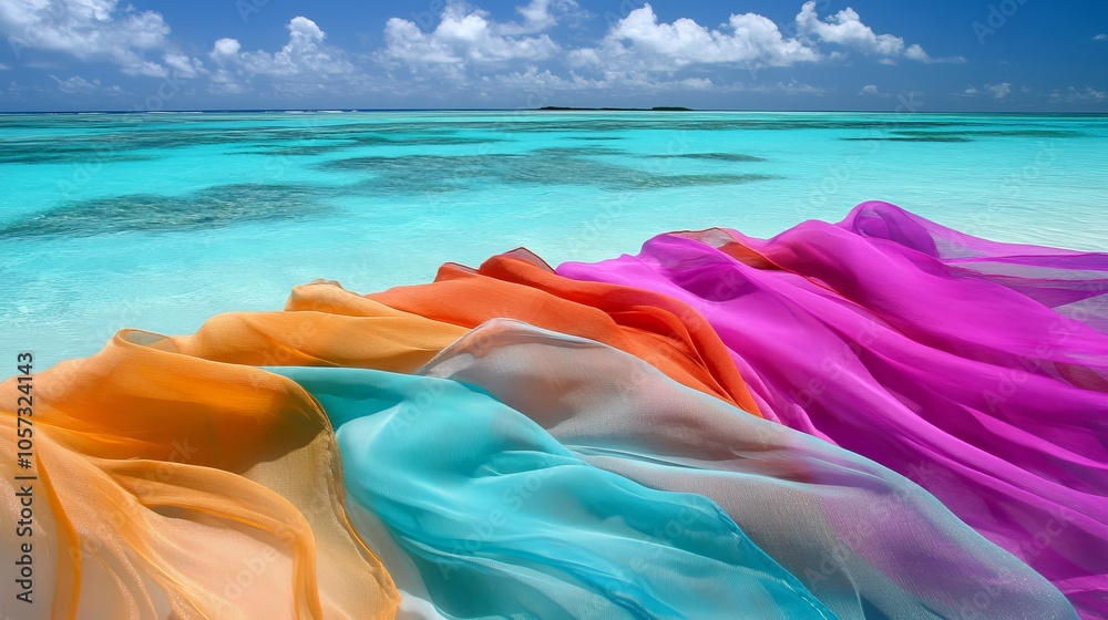 Sheer paradise. Flowing Fabrics on Tropical Beach, Vibrant Colors, Summer Vacation Concept. Sheer paradise. Flowing Fabrics on Tropical Beach, Vibrant Colors, Summer Vacation Concept.