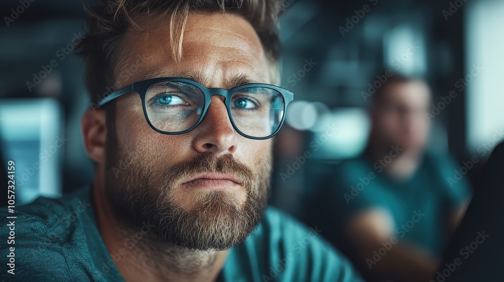 A man with distinctive eyewear and a contemplative expression is captured intently staring in a modern office setting, exuding curiosity and determination. A man with distinctive eyewear and a contemplative expression is captured intently staring in a modern office setting, exuding curiosity and determination.