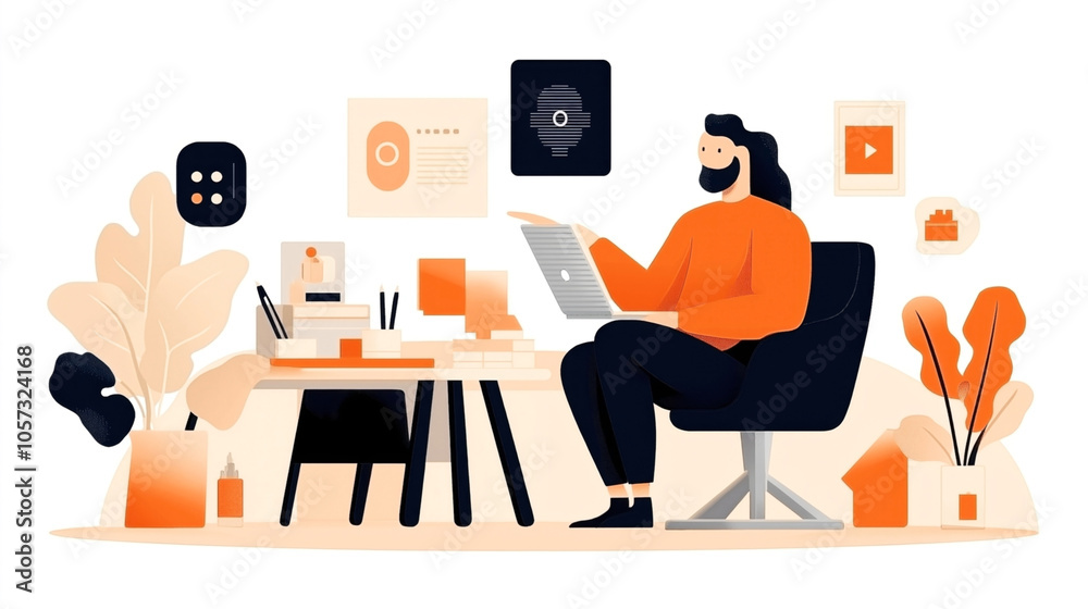 Illustration of a person working on a laptop at a desk surrounded by plants and digital icons in a modern workspace setting. Illustration of a person working on a laptop at a desk surrounded by plants and digital icons in a modern workspace setting.