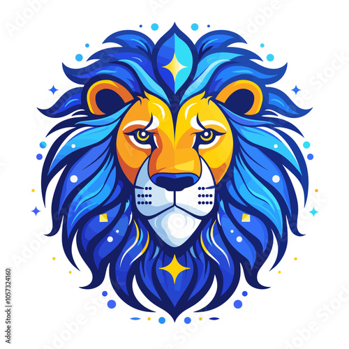 A blue and yellow lion with a blue mane and blue eyes. The lion is looking at the camera photo