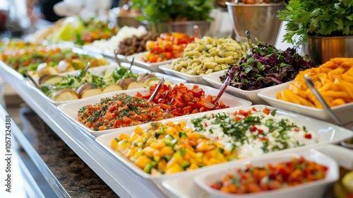 Vegetarian Catering Platter : Array of vibrant, fresh vegetarian options with colorful veggies, dips, and breads
