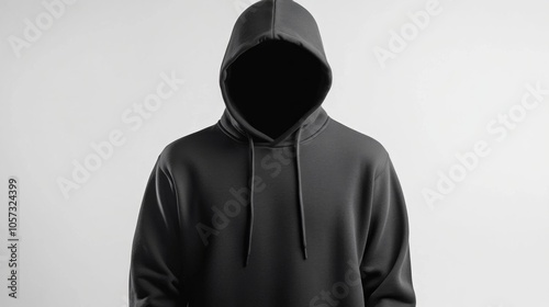 Minimal black hoodie sweatshirt with hood, isolated on white background, men fashion item perfect for mockups and design overlays