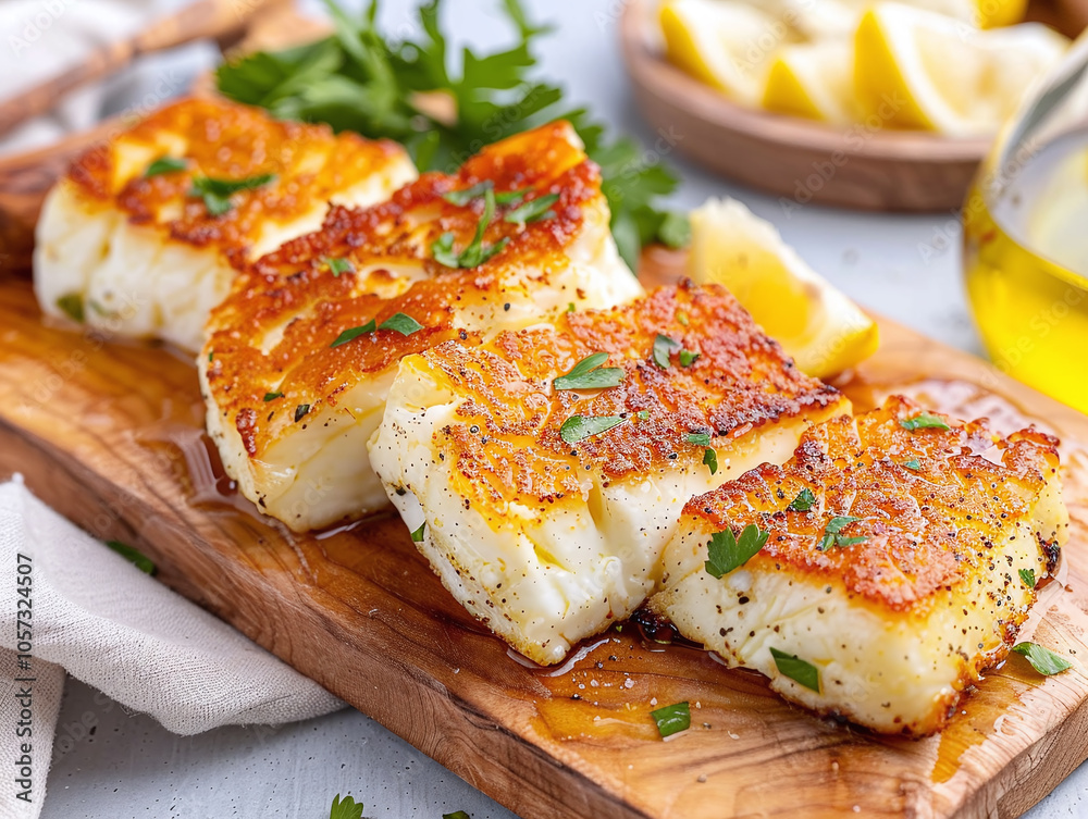 A close-up shot of perfectly fried Saganaki served on a rustic wooden board with fresh lemon wedges and a drizzle of olive oi A close-up shot of perfectly fried Saganaki served on a rustic wooden board with fresh lemon wedges and a drizzle of olive oi