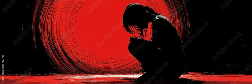 Introspective Silhouette Against Red Background Introspective Silhouette Against Red Background
