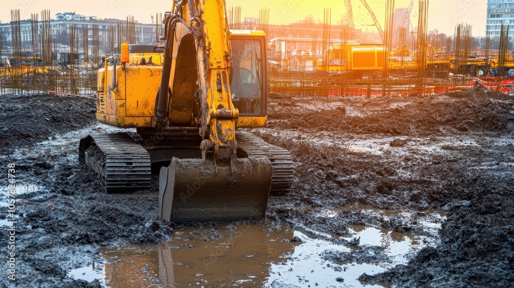 A submersible pump actively draining water from a muddy construction site, highlighting its importance and efficiency in maintaining a safe work environment. A submersible pump actively draining water from a muddy construction site, highlighting its importance and efficiency in maintaining a safe work environment.