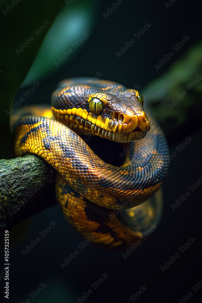 Obraz premium Illustration of a snake in the style of realism, realistic emotions, realistic colors, realistic details, realistic light and shadow, emphasizing textures and subtleties of the subject, realism, stone