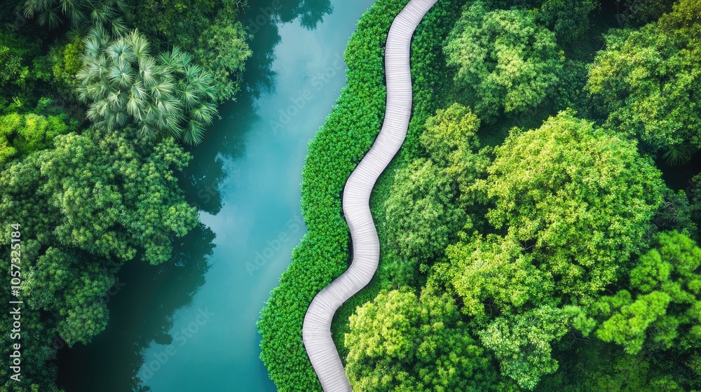 Aerial Perspective of a Verdant Pathway Alongside a Slim Waterway Aerial Perspective of a Verdant Pathway Alongside a Slim Waterway
