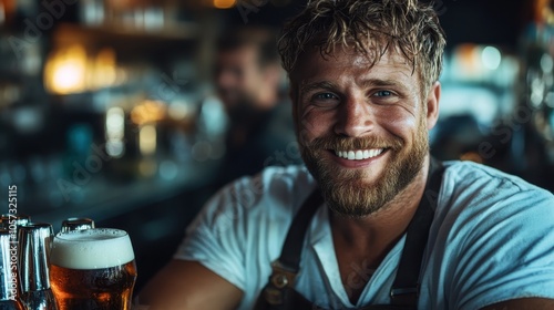 A man wearing glasses and a smile drinks a cold beer in a bustling bar, epitomizing casual delight and the pleasures of camaraderie and refreshment. photo