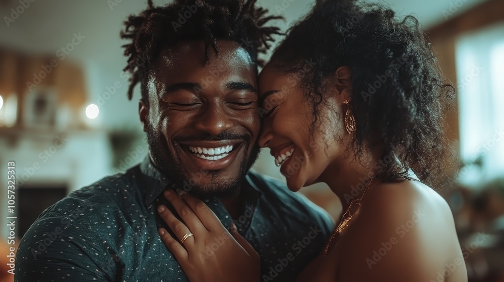 A couple embraces joyfully, sharing a loving and intimate moment, expressions full of happiness and affection amid warm ambient lighting highlighting their connection.