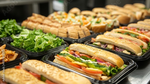 Corporate Lunch Catering : A professional, modern office lunch spread with sandwiches, salads, and finger foods