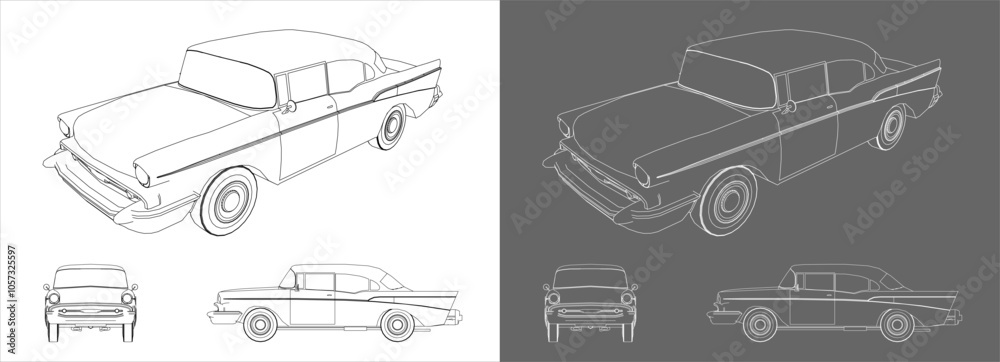 set retro car vector blueprint line technical drawing isolated on the white background. set retro car vector blueprint line technical drawing isolated on the white background.