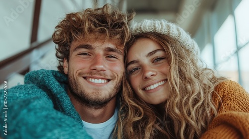 A cheerful couple wearing knit sweaters sitting together, showcasing warmth, relaxation, and genuine happiness with bright smiles and soft lighting. photo