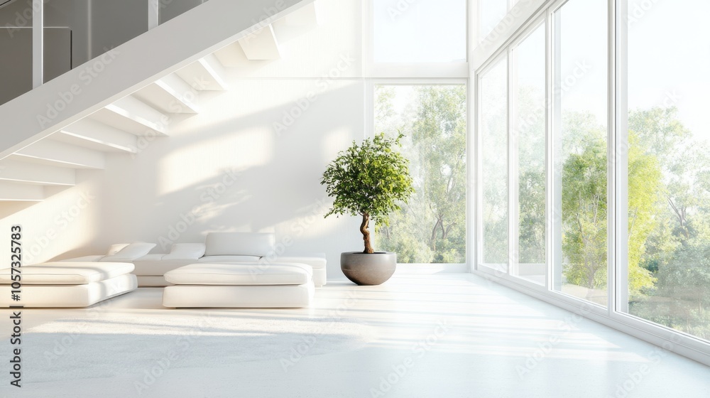 Fototapeta premium A minimalist living room with a white staircase, large windows