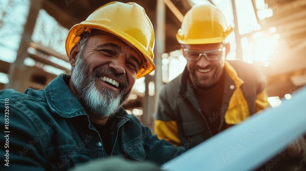 Two smiling construction workers in helmets review blueprints on a building site, highlighting collaboration and positive attitudes in the work environment. Two smiling construction workers in helmets review blueprints on a building site, highlighting collaboration and positive attitudes in the work environment.