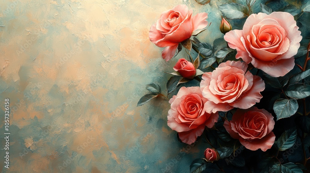 Realistic oil painting of blooming roses with green leaves on textured canvas. Beautiful floral artwork, romantic composition, natural beauty, classic garden-inspired art, detailed brushstrokes Realistic oil painting of blooming roses with green leaves on textured canvas. Beautiful floral artwork, romantic composition, natural beauty, classic garden-inspired art, detailed brushstrokes