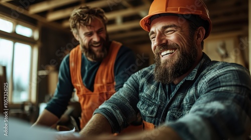 Two cheerful construction workers wearing safety gear share a laugh on a construction site, emphasizing friendship and teamwork in a professional setting.