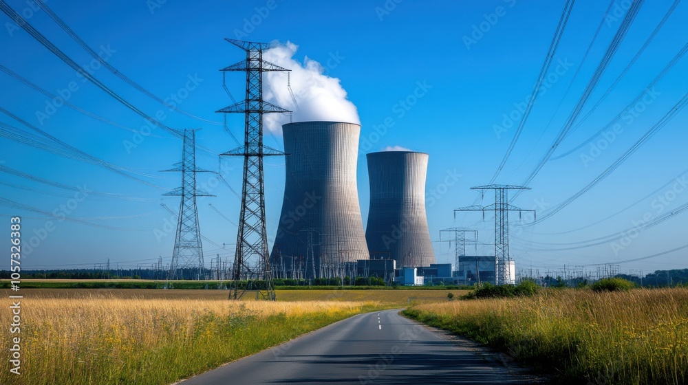 A modern power plant with cooling towers and high-voltage A modern power plant with cooling towers and high-voltage