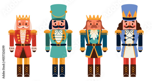 Set of Nutcrackers, vintage Christmas toy. Christmas wooden doll of cute soldier with mustache in crown in retro style. Festive soldier statue. Flat vector illustration on white background