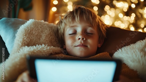 A serene child lies back against soft blankets, eyes closed in tranquility, as a tablet screen softly illuminates their face amidst a warm, calm ambiance. photo