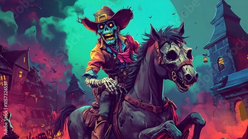 A vibrant cartoon illustration of a zombie cowboy on a skeleton horse, complete with a tattered hat and a big grin, bringing playful spookiness to Halloween.