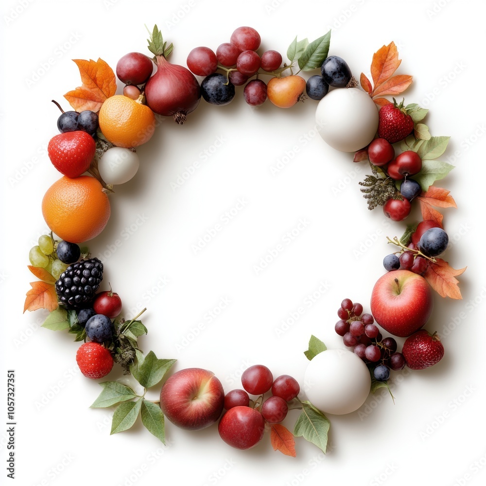 A vibrant circular arrangement of various fruits and leaves creates a colorful frame, perfect for food-related projects, seasonal promotions, or healthy eating campaigns, A vibrant circular arrangement of various fruits and leaves creates a colorful frame, perfect for food-related projects, seasonal promotions, or healthy eating campaigns,