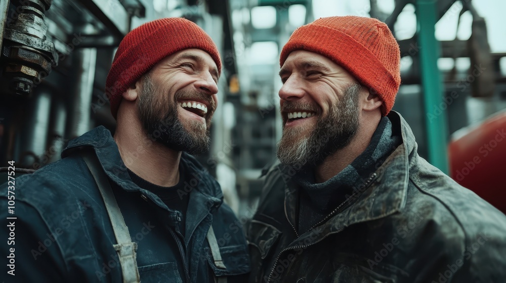 Two bearded men wearing bright red beanies share a hearty laugh at an industrial workplace, evoking camaraderie and joy, emphasizing teamwork and friendship. Two bearded men wearing bright red beanies share a hearty laugh at an industrial workplace, evoking camaraderie and joy, emphasizing teamwork and friendship.