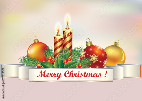 Christmas background with balls and candles with fir branches and rowan berries. Festive card decorated ribbon with text of congratulations. Holiday banner, web poster, greeting card, vector 3D.