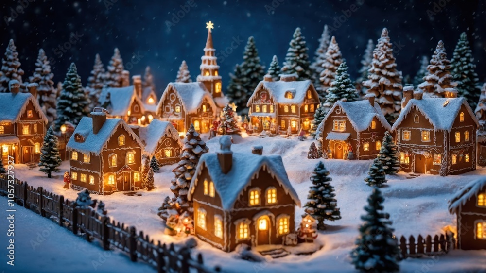 Charming miniature houses nestled in a snowy landscape, each adorned with tiny Christmas trees, creating a cozy winter wonderland scene Charming miniature houses nestled in a snowy landscape, each adorned with tiny Christmas trees, creating a cozy winter wonderland scene