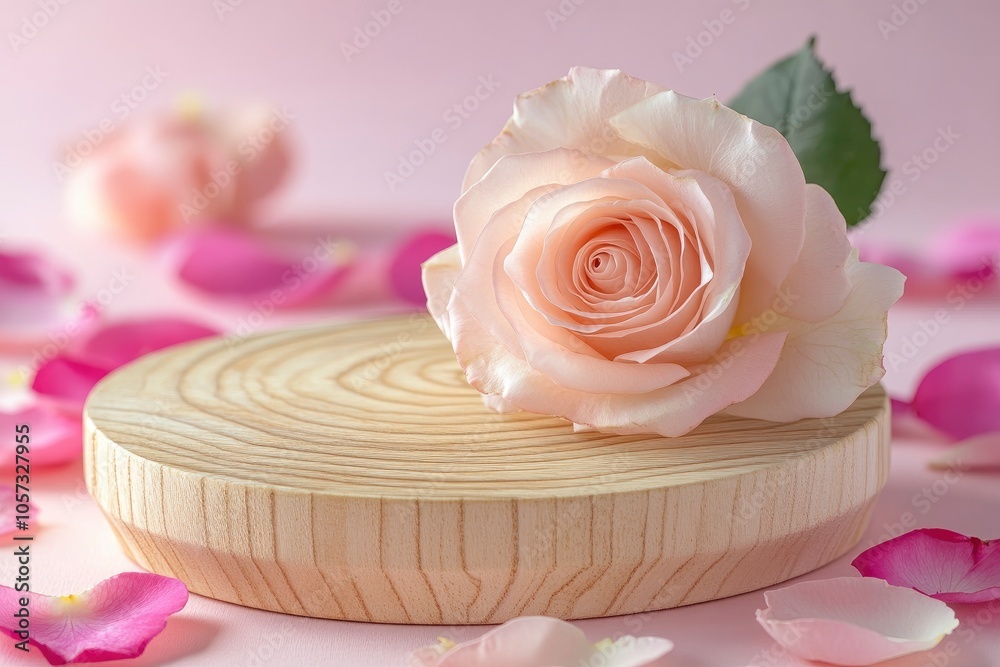 Wooden podium with pink rose and petals to demonstrate products, cosmetics and gifts. Valentine, mother day and women day concept with generative ai Wooden podium with pink rose and petals to demonstrate products, cosmetics and gifts. Valentine, mother day and women day concept with generative ai
