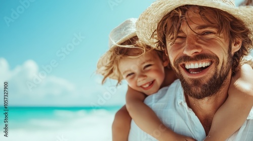 A father and his child enjoy a blissful moment at the beach, smiling brightly under a sunny sky. The joyful atmosphere captures the essence of happiness.