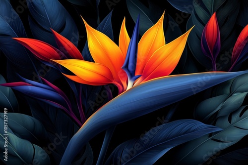 Vibrant bird of paradise flower with striking orange and yellow petals against dark dramatic leaves