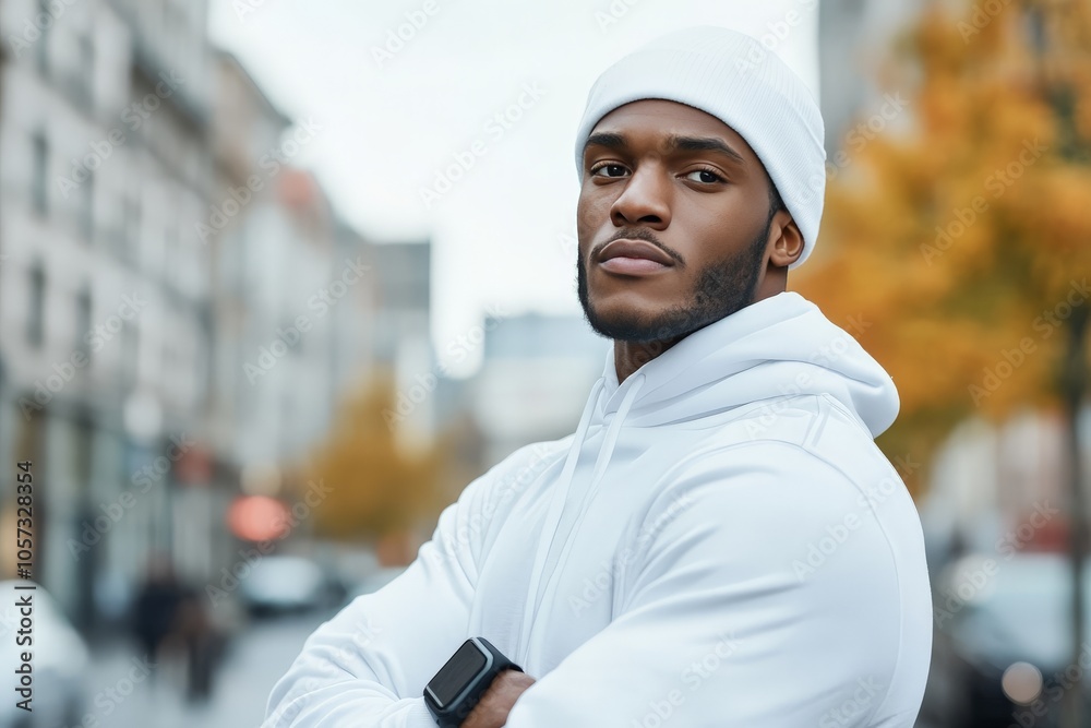 A determined young man in a white hoodie and beanie stands with arms crossed in a bustling city environment, exuding confidence and modern style amid an autumn setting. A determined young man in a white hoodie and beanie stands with arms crossed in a bustling city environment, exuding confidence and modern style amid an autumn setting.