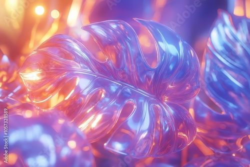 Futuristic transparent monstera leaves in neon shades of purple and blue with a glassy luminous look