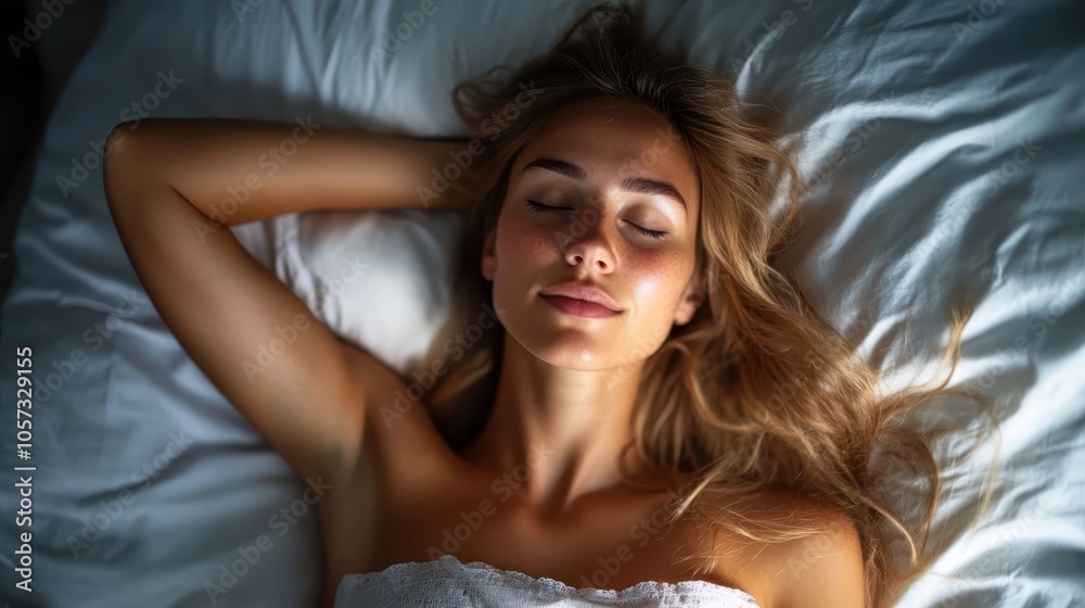 A woman lies peacefully asleep with one hand under her head, surrounded by soft white bedding, conveying a sense of calm and relaxation in gentle light.