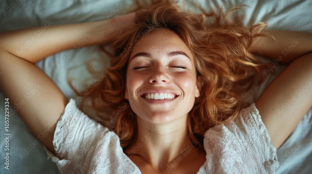 A relaxed woman joyfully smiles as she lies in bed, embracing the gentle morning light. Her expression radiates calmness, contentment, and pure blissful serenity. A relaxed woman joyfully smiles as she lies in bed, embracing the gentle morning light. Her expression radiates calmness, contentment, and pure blissful serenity.