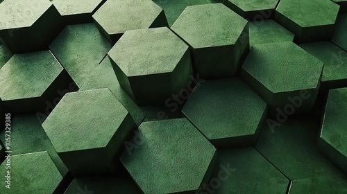 Green hexagonal 3D shapes with textured surface.