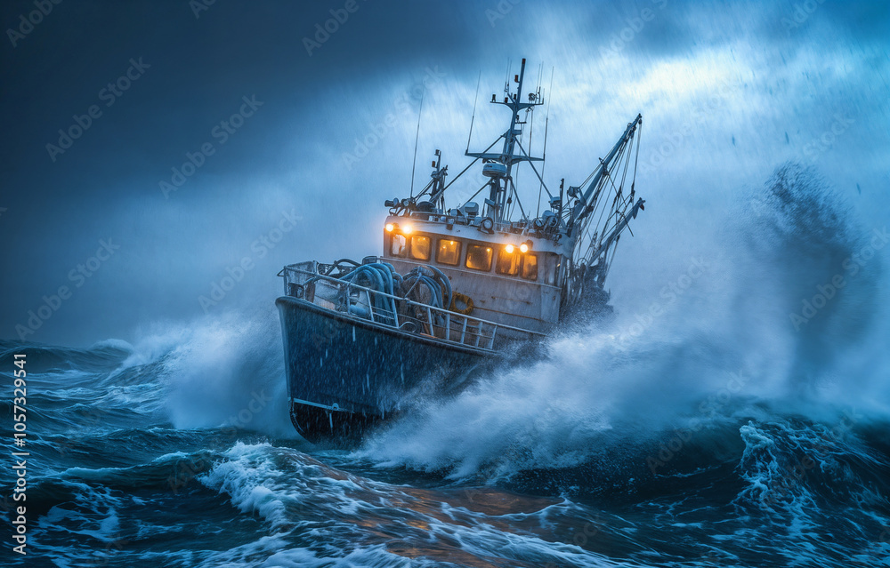 A fishing boat is sailing in rough, dark blue waters with a dramatic sky. The boat is surrounded by large waves as it navigates the choppy sea. A fishing boat is sailing in rough, dark blue waters with a dramatic sky. The boat is surrounded by large waves as it navigates the choppy sea.