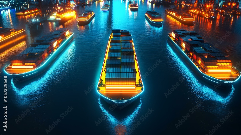 A vibrant night scene featuring illuminated cargo barges on a waterway, surrounded by city lights reflecting on the surface.