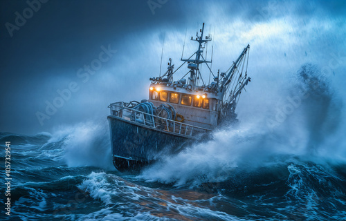 A fishing boat is sailing in rough, dark blue waters with a dramatic sky. The boat is surrounded by large waves as it navigates the choppy sea.