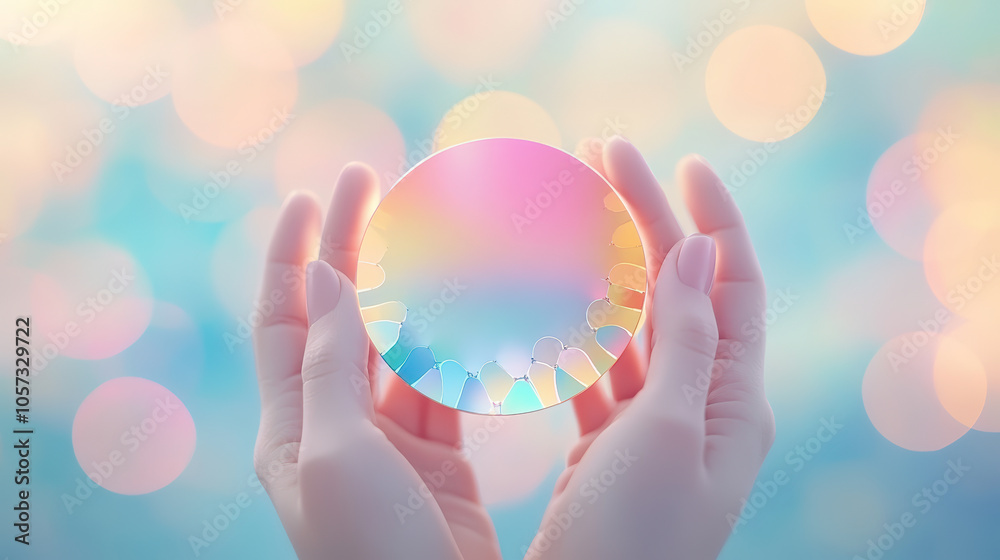 Hands gently hold a colorful, circular disc against a dreamy, pastel-colored bokeh background, evoking a sense of wonder and tranquility. Hands gently hold a colorful, circular disc against a dreamy, pastel-colored bokeh background, evoking a sense of wonder and tranquility.
