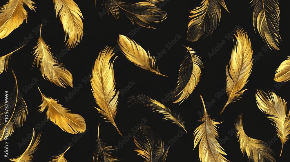 Elegant seamless feather pattern featuring hand-drawn bird quills and golden plumage on a black textile background, showcasing sophisticated animal wing elements for luxurious decoration Elegant seamless feather pattern featuring hand-drawn bird quills and golden plumage on a black textile background, showcasing sophisticated animal wing elements for luxurious decoration