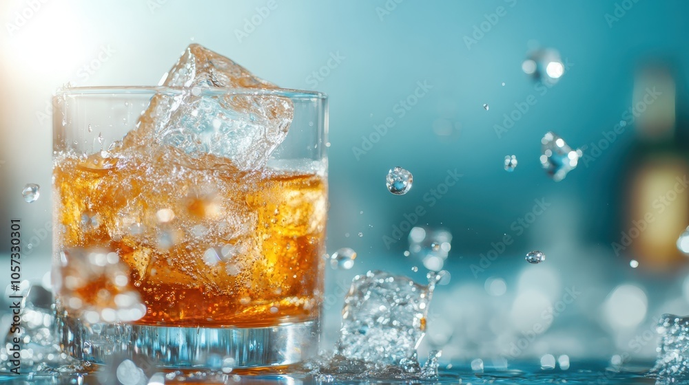 A close-up of a refreshing whiskey glass with large ice cubes, captured mid-splash in a burst of action, set against a blurred out background. A close-up of a refreshing whiskey glass with large ice cubes, captured mid-splash in a burst of action, set against a blurred out background.